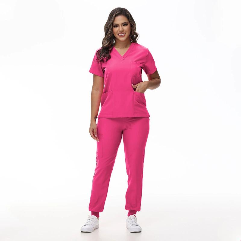 Dehnbare Krankenschwesteruniformen V-Ausschnitt Oberteil Jogginghose Kasack-Sets Chirurgische Arbeitskleidung Zahnarzt Pflegeanzug Krankenhaus Arzt Outfit S