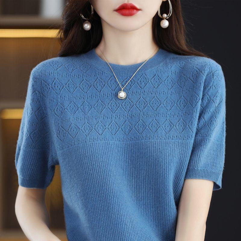 Knitted Shirt Hollowed Out T-shirt Spring New Round Neck Short Sleeved Loose Top