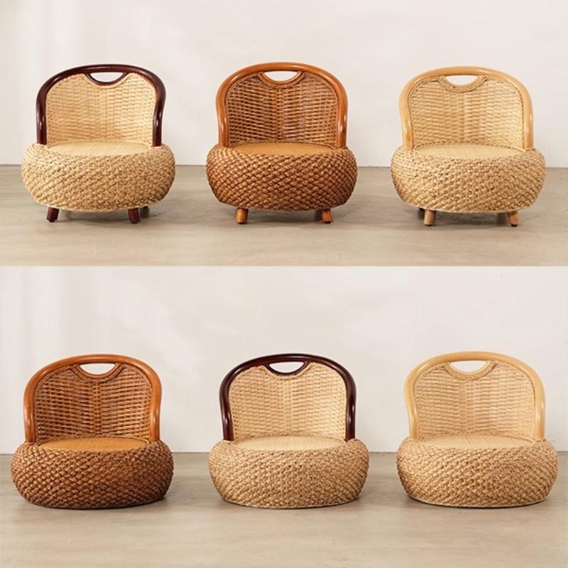 Rattan Weave round Accent Chair Comfort Floor Seat with Backrest Cozy Pouf Ottoman for Balcony Living Room