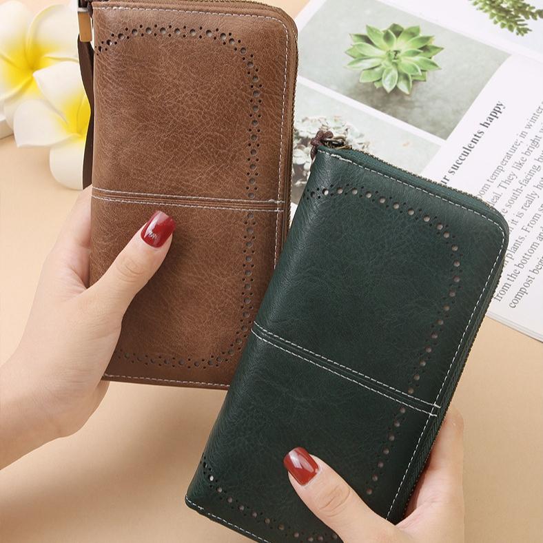 Women Hollow Zipper Wallet Leather Clutch Retro Female Hollow Organ Card Bag Large Capacity Long Mobile Phone Card Holder