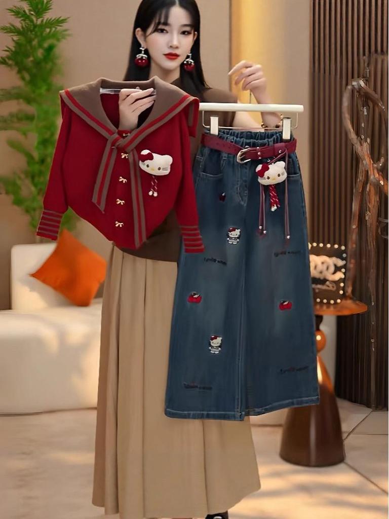 2025 Girls’ Korean Style Denim Two-Piece Set: Spring & Autumn Fashion with Casual Wide-Leg Pants