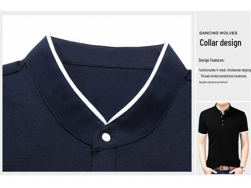 In Stock: Men's Slim Fit Combed Cotton Stand-Up Collar Short Sleeve T-Shirt - Trendy Casual D7121