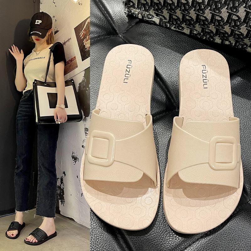 New summer women's slippers home solid color round head one-character sandals casual simple student flat slippers outside wear