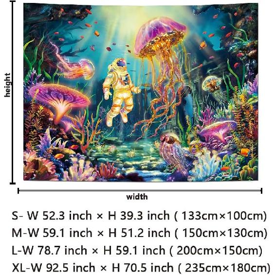 Lahasbja Blacklight Astronaut Tapestry UV Reactive Jellyfish Wall Hanging Fantasy Under The Sea World Wall Tapestries Aesthetic Neon Coral Plants