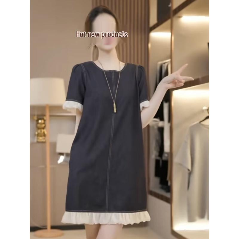 

2025 Women s Summer A-Line Patchwork Denim Dress - Short-Sleeved, Loose-Fit, Mid-Length, Fashionable and Chic XL (recommended for 125-140 jin)