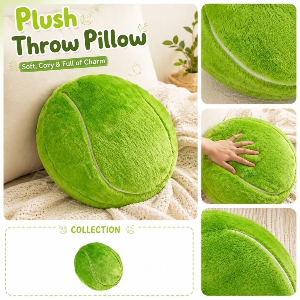 Plush Tennis Ball Shaped Pillow Soft Stuffed Cushion Decorative Sports Plush Toy for Home Office Car Use