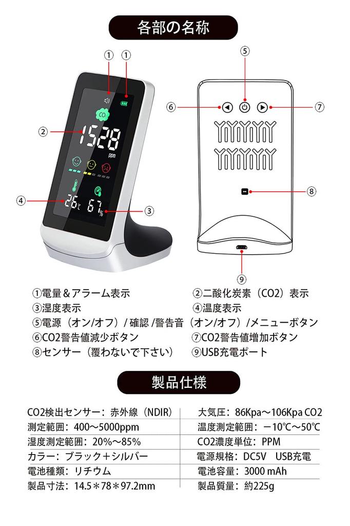 Kohlendioxid NDIR CO2 CO2 CO2 Konzentration PPM Messung USB Japanische Bedienungsanleitung enthalten Messgerät, Methode, Sensor, 3000mAh,