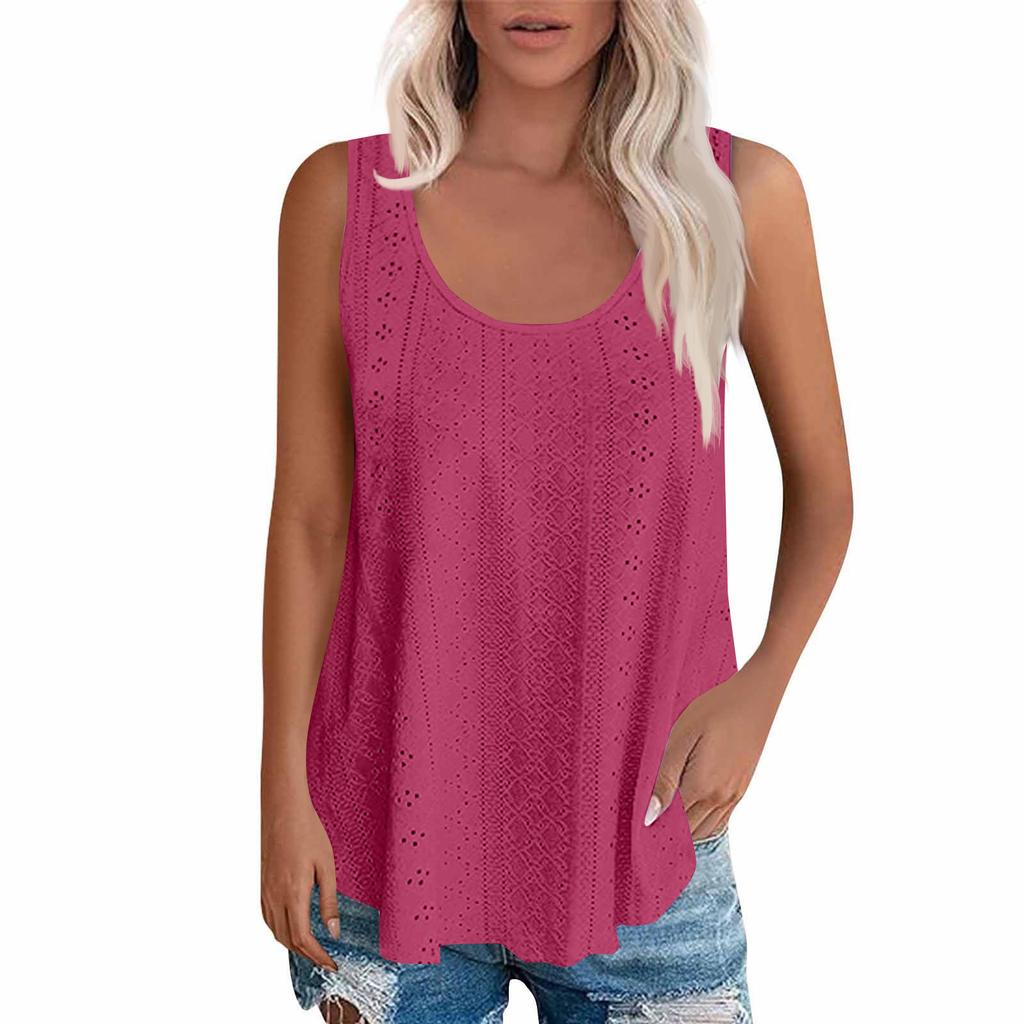 Sleeveless Eyelet Lace Tank Top for Women Casual Summer Scoop Neck Loose Fit Blouse Hollow Out Lightweight Shirt