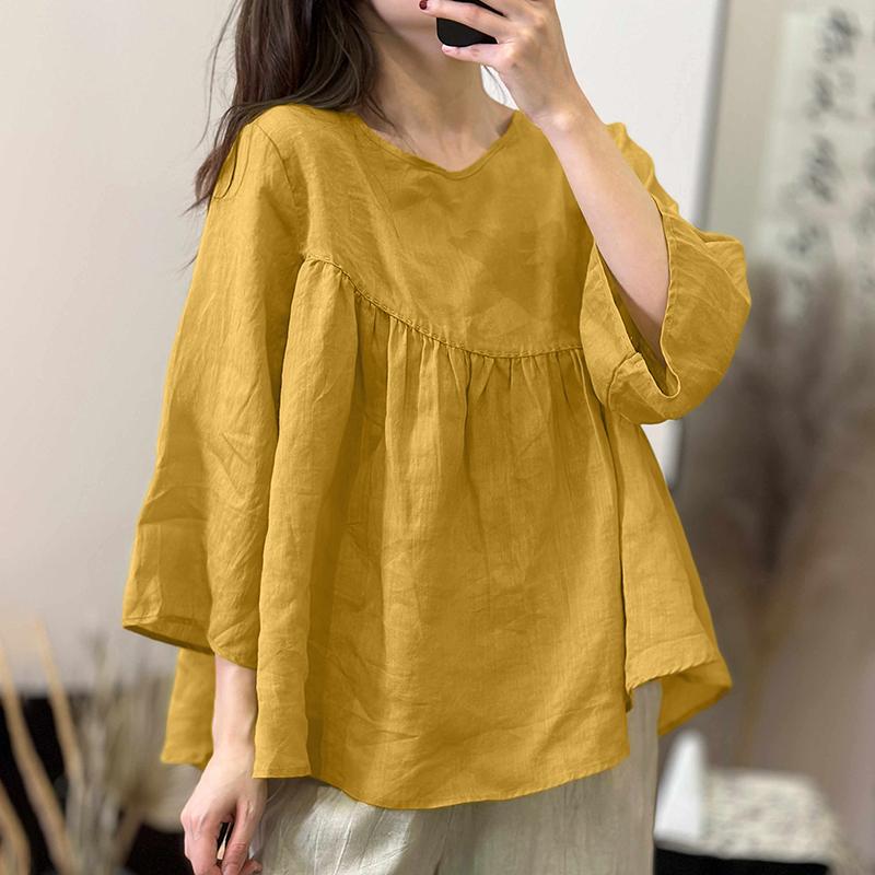ZANZEA Women Casual Round Neck Solid Color 3/4 Sleeve Loose Blouse