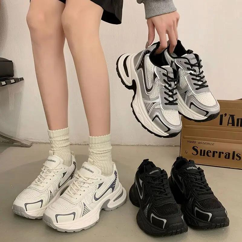 Fashion Casual Sneakers Women Shoes 2024 New Synthetic Leather Mixed Colors Thick Sole Lace-up Mesh Breathable Ladies Sports Shoes
