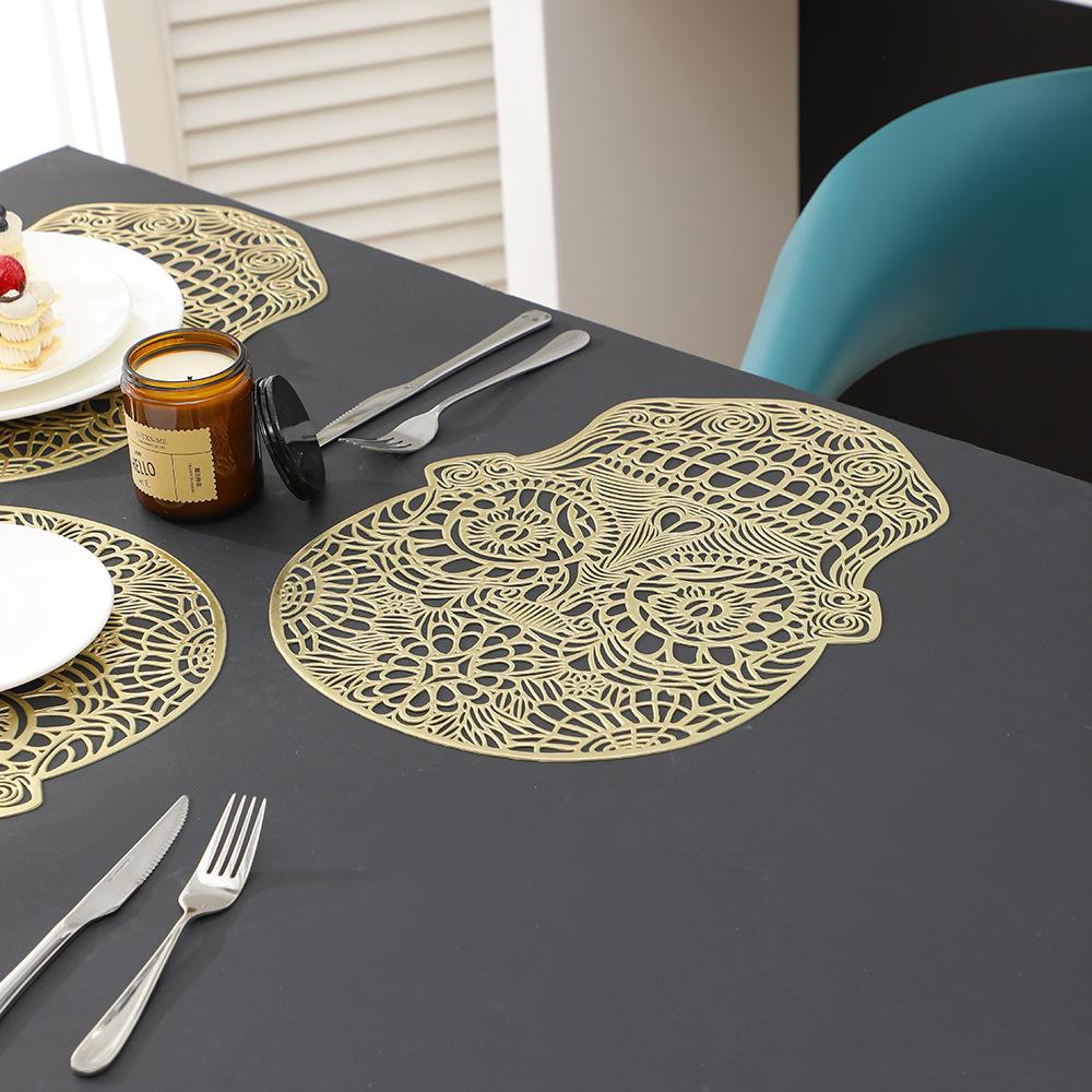 Halloween Skull PVC Placemats Hot Gold Skeleton Waterproof Anti-scald Heat Insulation Mats Table Decoration and Accessories