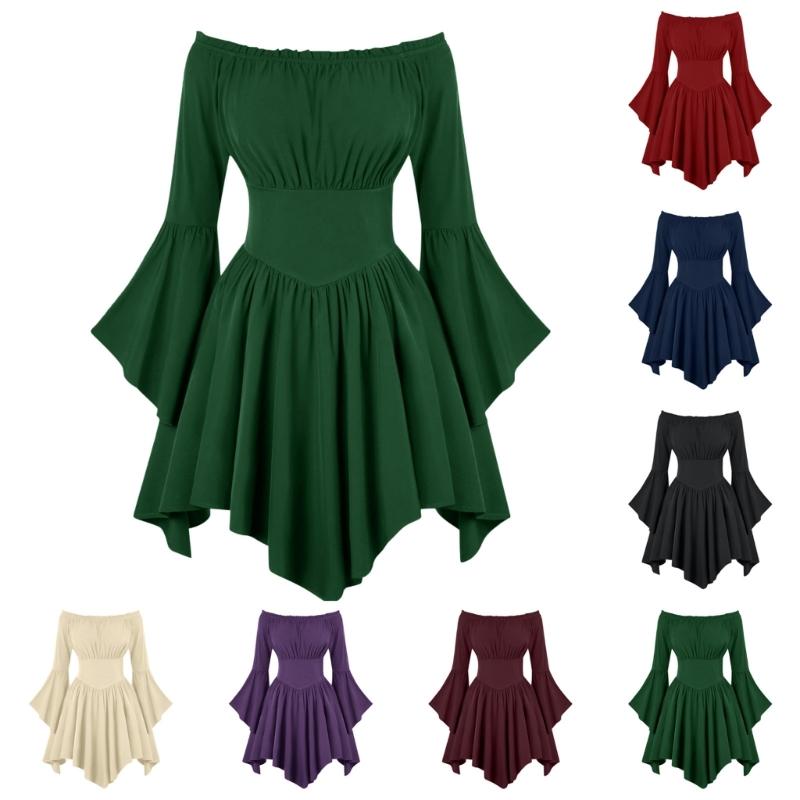 Renaissance Costume Women Medieval Pirate Corset Dress Off Shoulder Bells Sleeve Fairys Dress