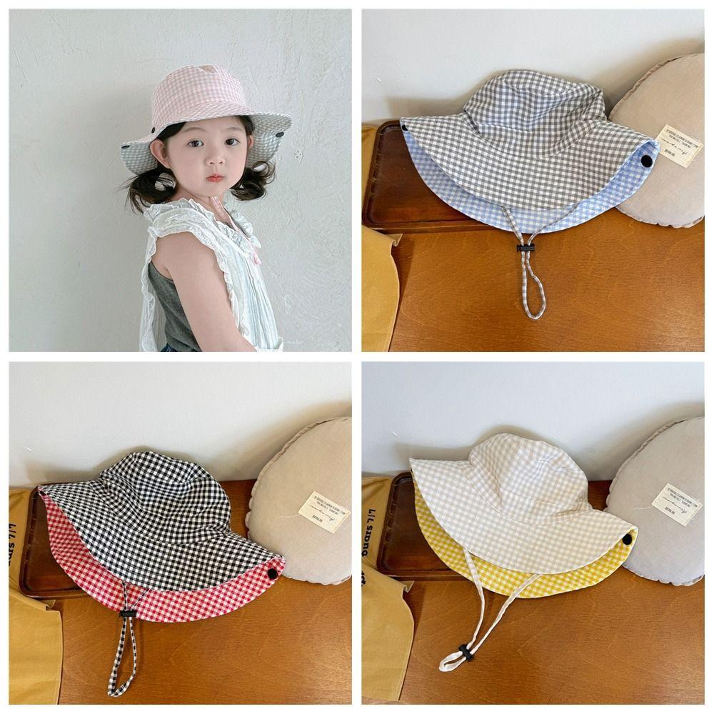 Drawstring Boys Girls Bucket Cap Lattice Baby Sun Hat Breathable Children Fisherman Hat  Outdoor