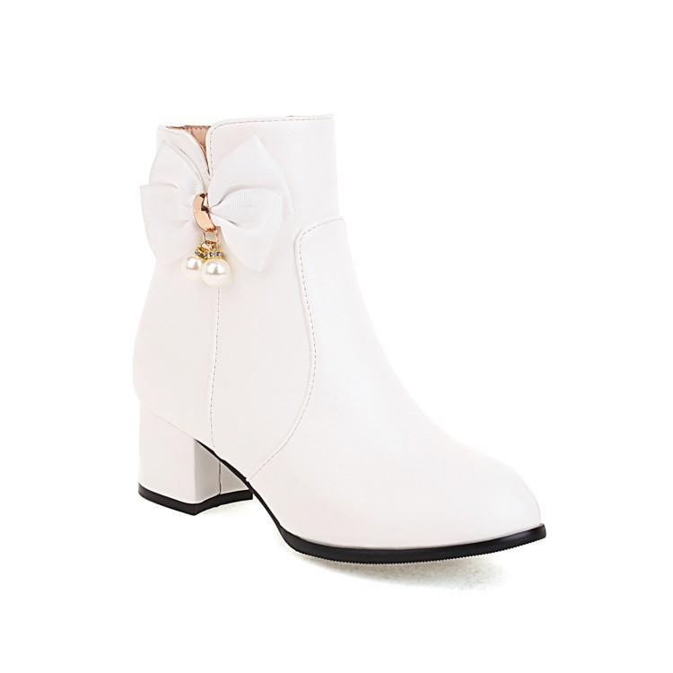 Sweet Bow Girls Ankle Boots Lolita Shoes Women Round Toe Autumn Winter High Heels Zip Shoes Thick Heel Fashion Women Boots 32-43