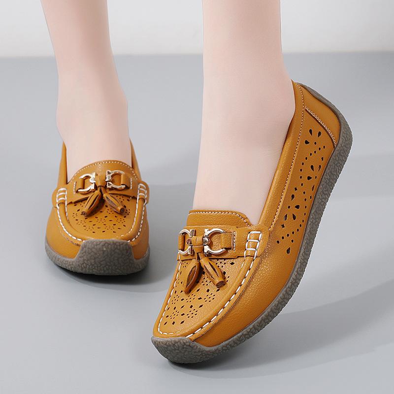 Women Loafers Summer Hollow Out Breathable Leather Casual Shoes for Women Soft Sole Comfort Walking Flats Non-slip Zapatos Mujer
