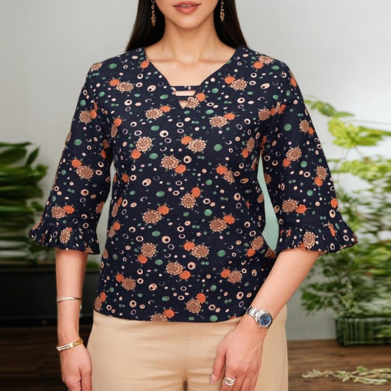 

ZANZEA Женская повседневная блузка с V-образным вырезом, рукавом 3/4, свободного кроя, с принтом, из хлопка 5XL