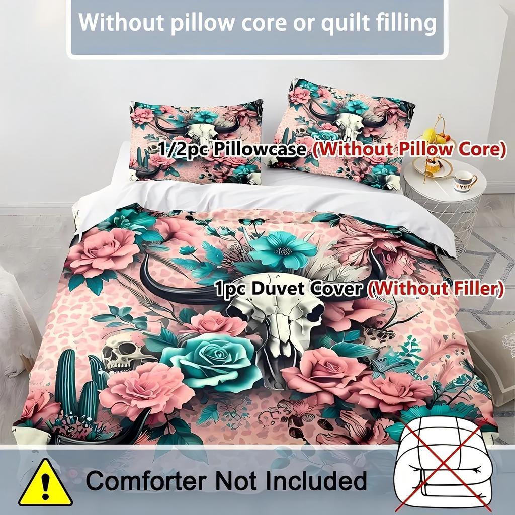 Bull Head Skull Flower 3D Printed Quilt Cover Set Vintage Style Soft Bedding Cover Home Polyester Textile Duvet Cover Pillowcase