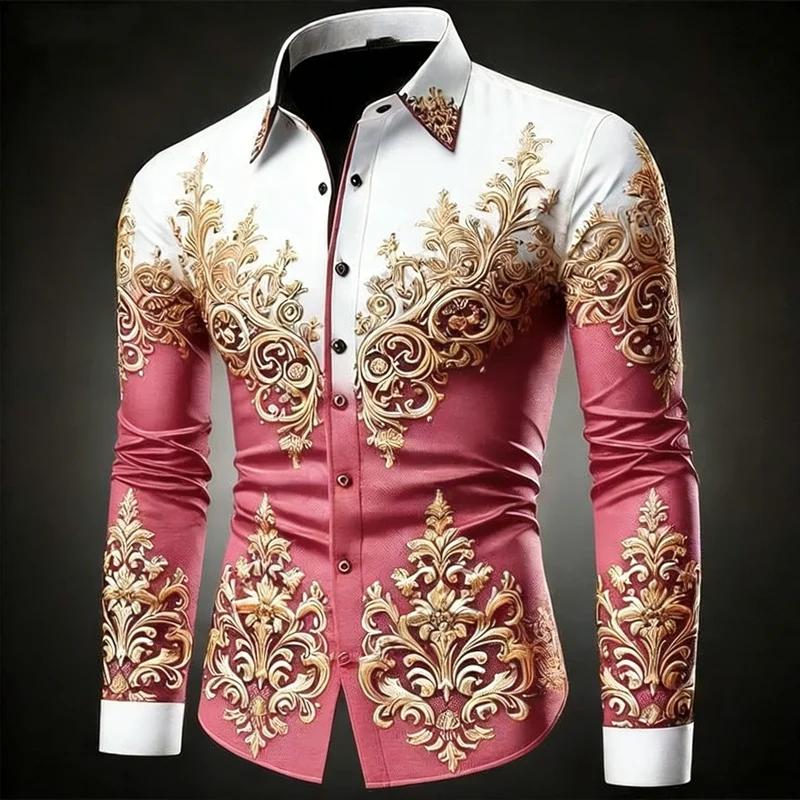 Men's Plus Size Hawaiian Shirt Long Sleeved Button Up Retro Floral 3D Print Gold Exquisite Pattern Fashionable 12 Colors Availab