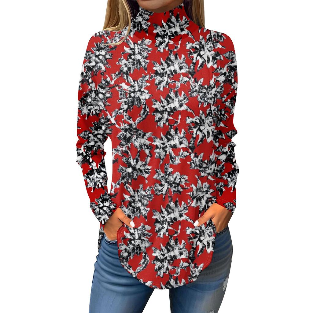 Tee Shirts For Women Fall Casual Long Sleeve Shirts Sweatshirt Vintage Printed High Neck Top Pullover