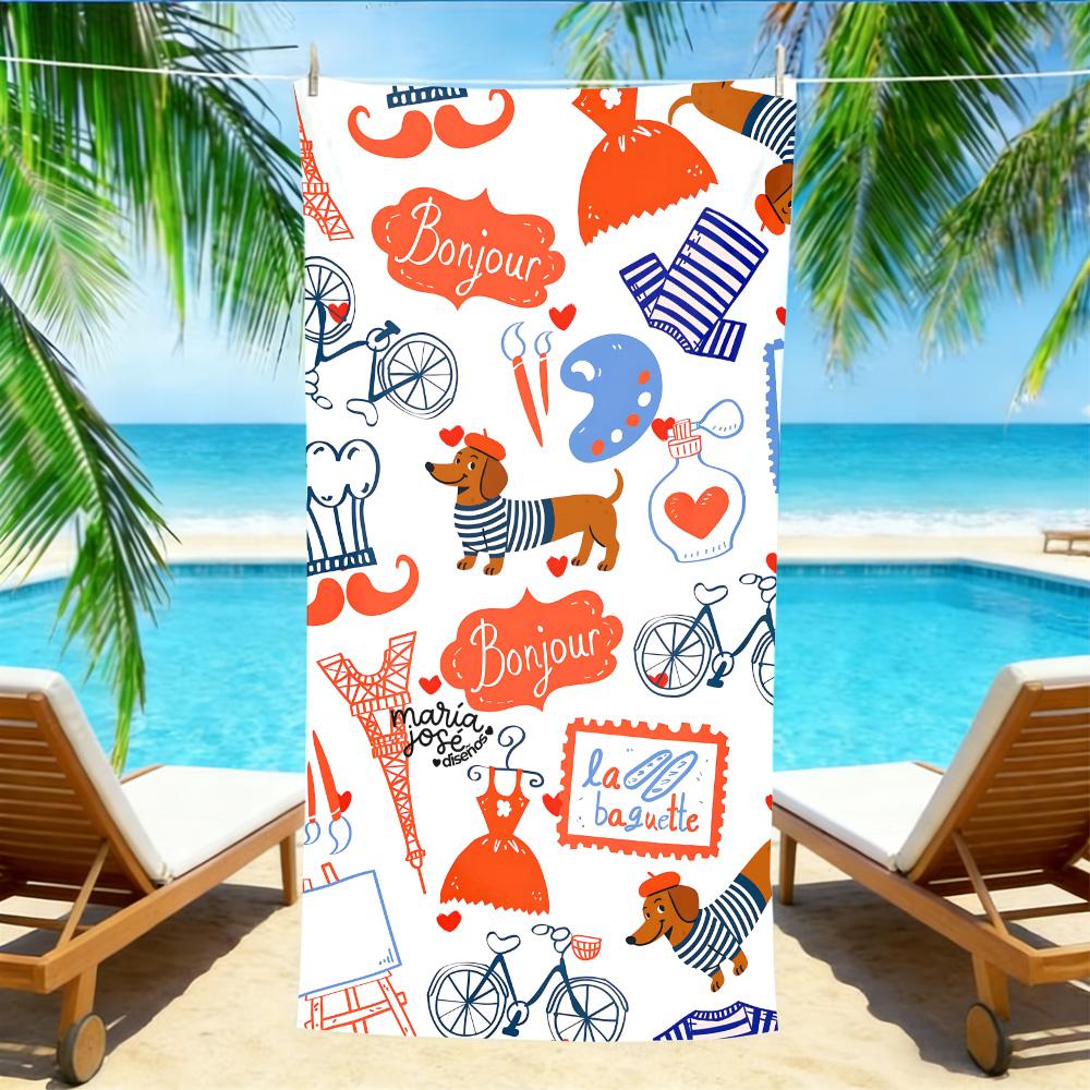 

French Style Dachshund Beach Towel – Oversized Quick Dry Sand Free with Bonjour Print W40*H60(CM)