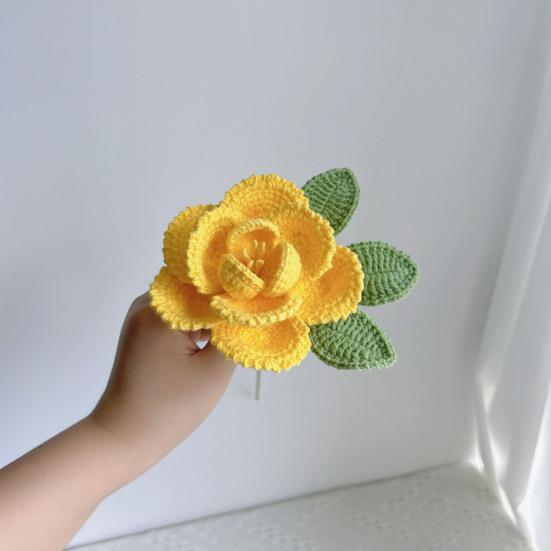 Buchet de bujor croșetat manual, din bumbac tricotat, cu frunze și tulpină lungă, pentru nuntă, decor de casă, cadouri de ziua de naștere și aniversare