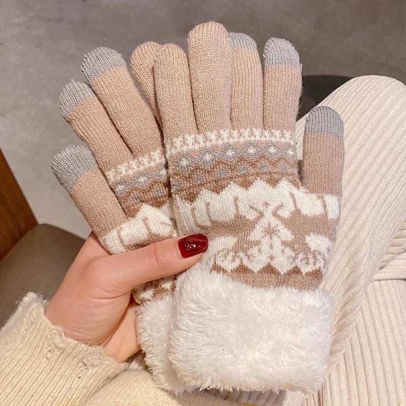 2025 Christmas Thick Reindeer Jacquard Knitted Full Finger Gloves for Women Touchscreen Washable Warm Gloves Soft Skin Friendly