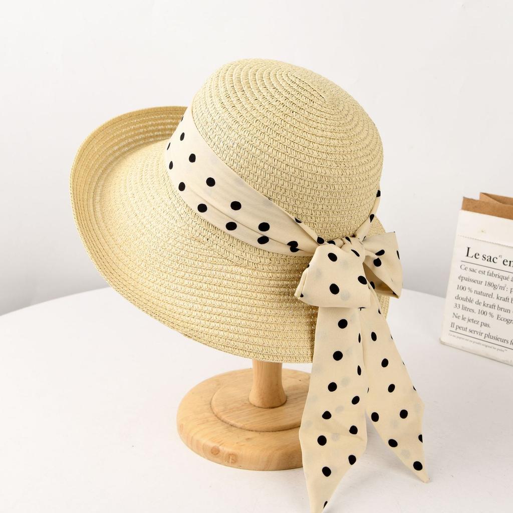 New Straw Hat Women's Summer Sun Protection Big Eaves Hat Front Upturned Elegant Sun Hat Polka Dot Bow Outdoor Beach Hat