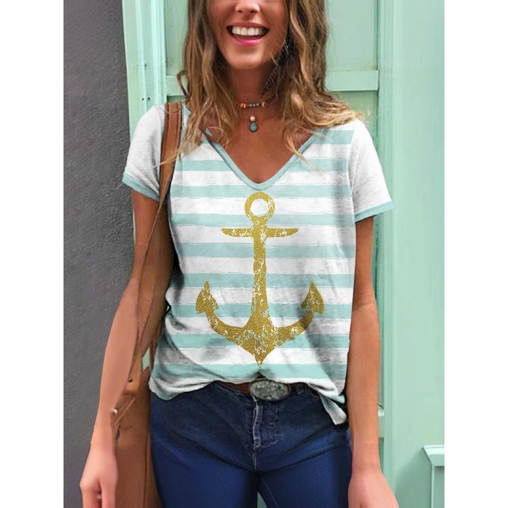 New Anchor Stripe 3D Print T-Shirts Women's Short Sleeve V-Neck T Shirt Casual Tops Harajuku Tees Streetwear Female Clothing