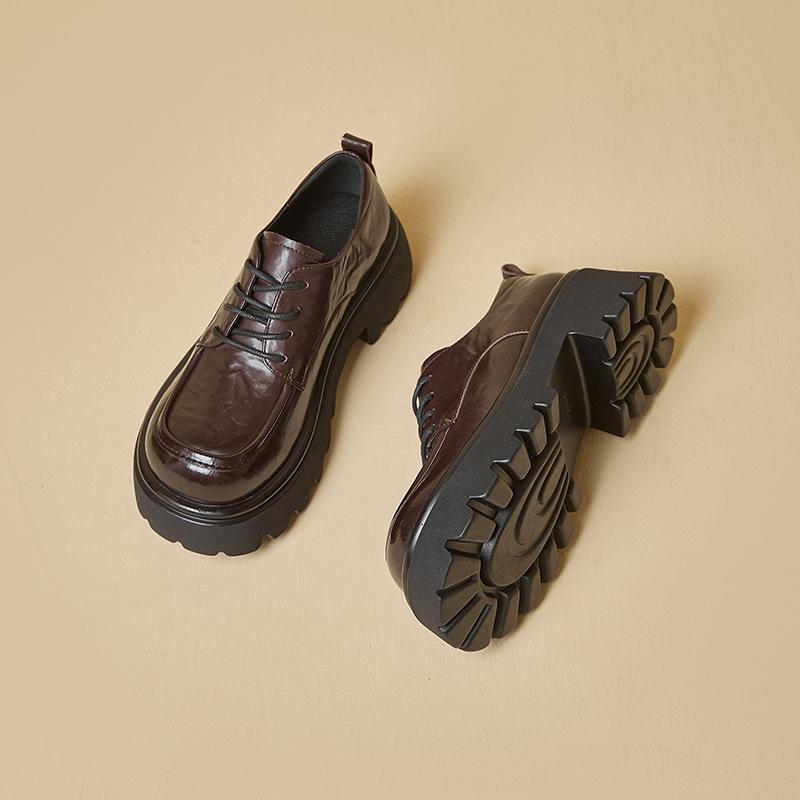 Loafers Women's 2025 Autumn New Leather Platform Lace-up Versatile Height-increasing Small Leather Shoes Retro Brown JK Women's Shoes