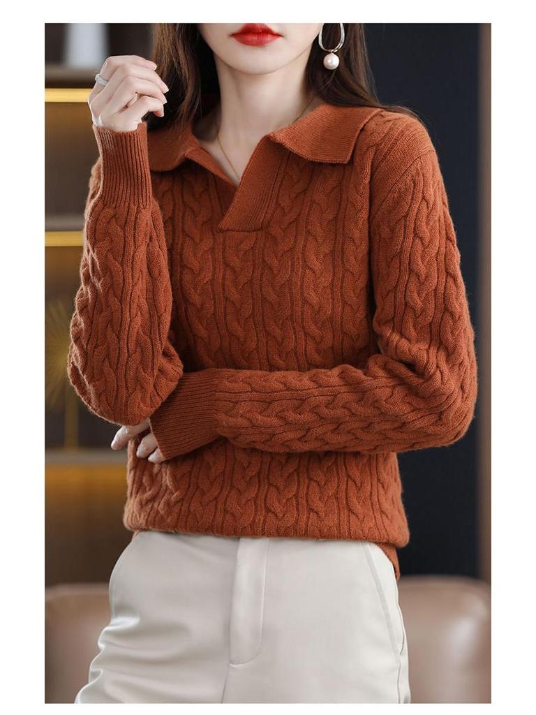 Autumn/Winter 2025 Retro Polo Collar Cashmere Sweater - High-End Knitted Cable Base Layer
