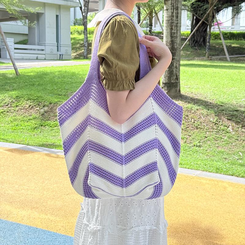

Striped Shoulder Bag for Women, Artistic Hollow-out Color-blocked Woven Bag, Large Capacity, Comfortable Knitted Bag for Commuting. 37*2.5*28cm