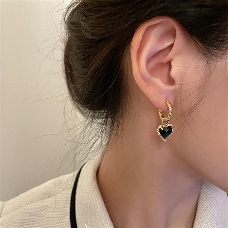 Black Love Heart Imitation Zircon Drop Earrings for Women Jewelry Accessories