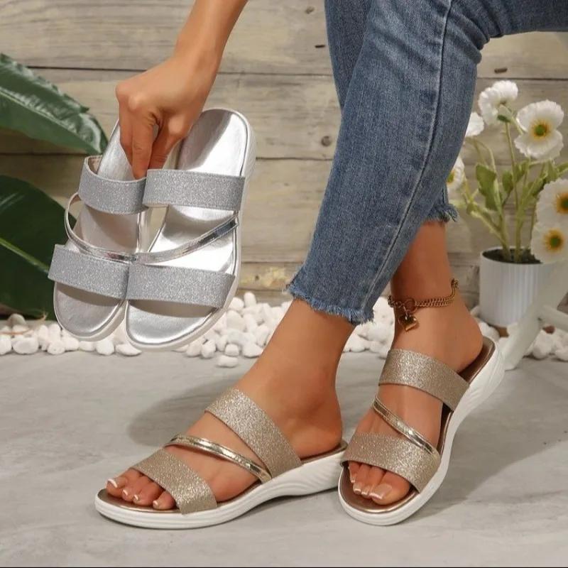 Fashion Large Size Women Slippers 2025 New Casual Sandals Fashionable Rhinestone Outdoor Slippers Luxury Elegant Shoes Slides Women