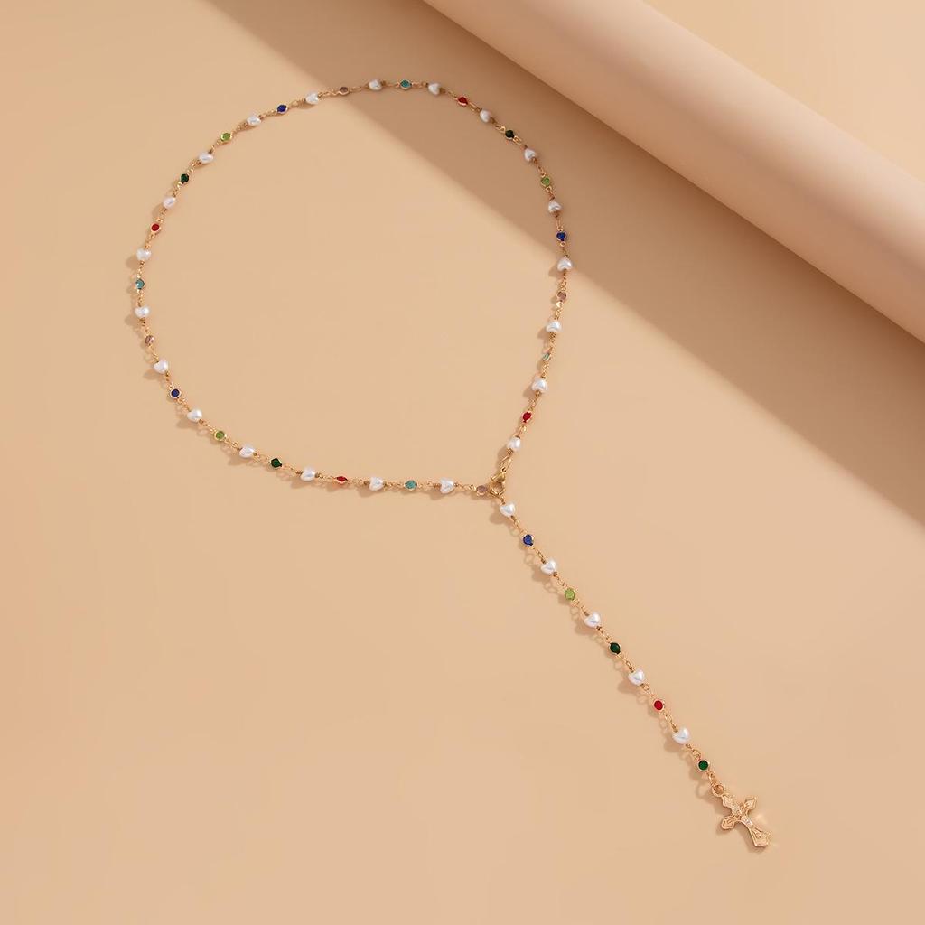 European & American Sweet Style Pearl Inlaid Y-Chain Necklace with Fresh Cross Alloy Design