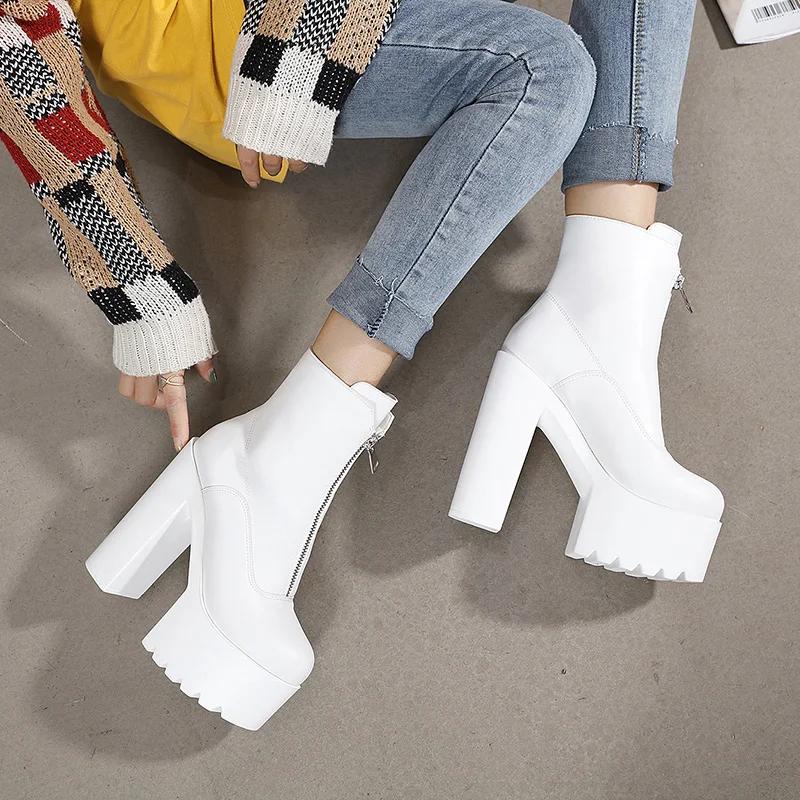 Μόδα 14CM INS Δερμάτινες Γυναικείες Μποτάκια Αστραγάλου Πλατφόρμα Ψηλά Τακούνια Μαύρο Λευκό Κοντά Μποτάκια Χειμώνας Γοτθικά Πανκ Τακούνια Παπούτσια Πάρτι Κυρίες