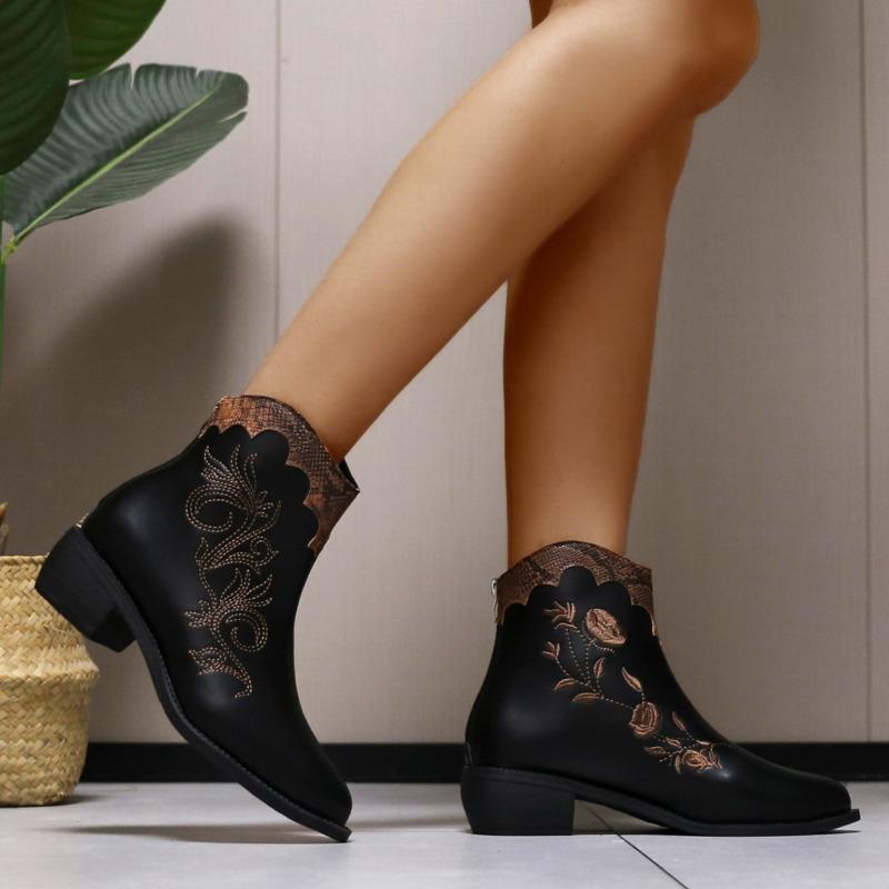 Fashion Women's Thick Heel Cotton Boots New Winter Pointy Back Zipper Embroidery Anti-slip Wear-resistant Short Boots