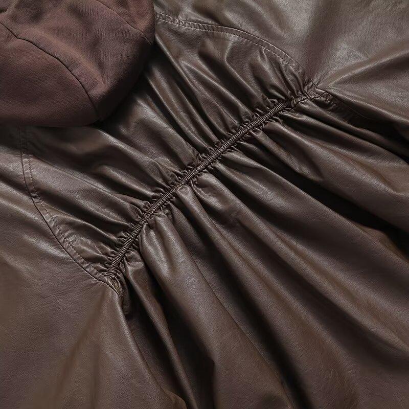 2024 Autumn Women's European & American Style Faux Leather Hooded Sweatshirt Coat