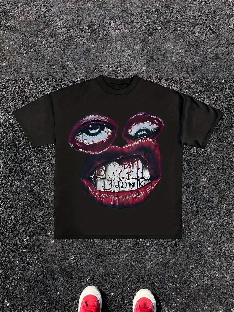 220g Heavyweight Women's Y2K Graphic T-Shirt - Edgy Lips & Tongue Print Loose Fit Casual Tee