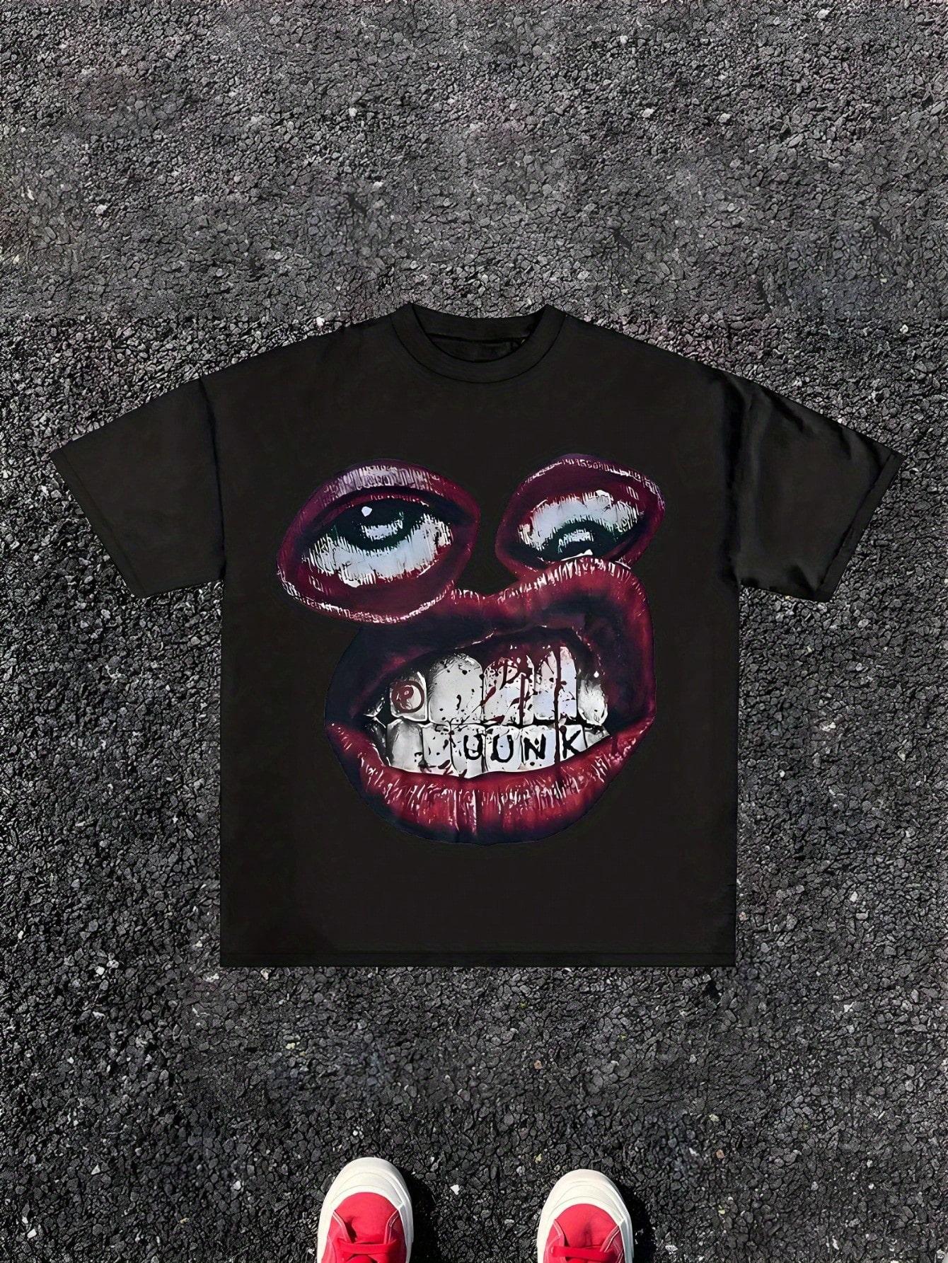 

220g Heavyweight Women s Y2K Graphic T-Shirt - Edgy Lips & Tongue Print Loose Fit Casual Tee 5XL різнокольоровий