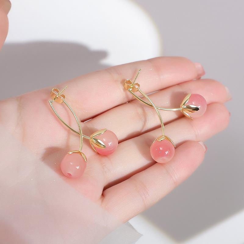 Pink stone bud fringed earrings women's simple light luxury stud earrings fashionable and sweet girl heart earrings
