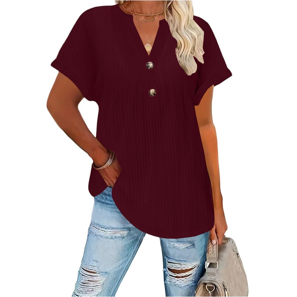 Women's Fashion Casual Button-Up V Neck T Shirt Pullover Short Sleeve Top