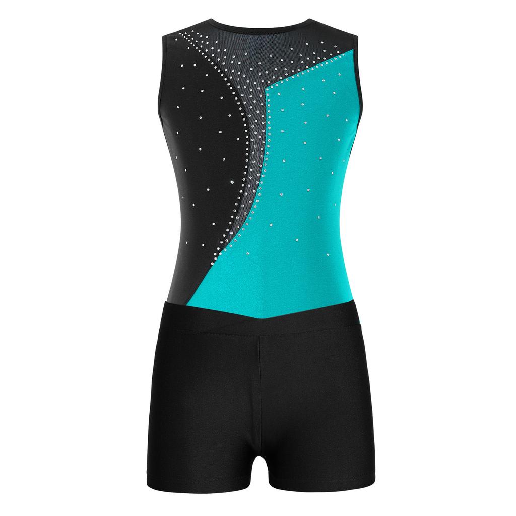 Gimnastard Fete Mânecă Scurtă Gât Rotund Pietre Stralucitoare Design Patchwork Contrastant Talie Set Șorturi