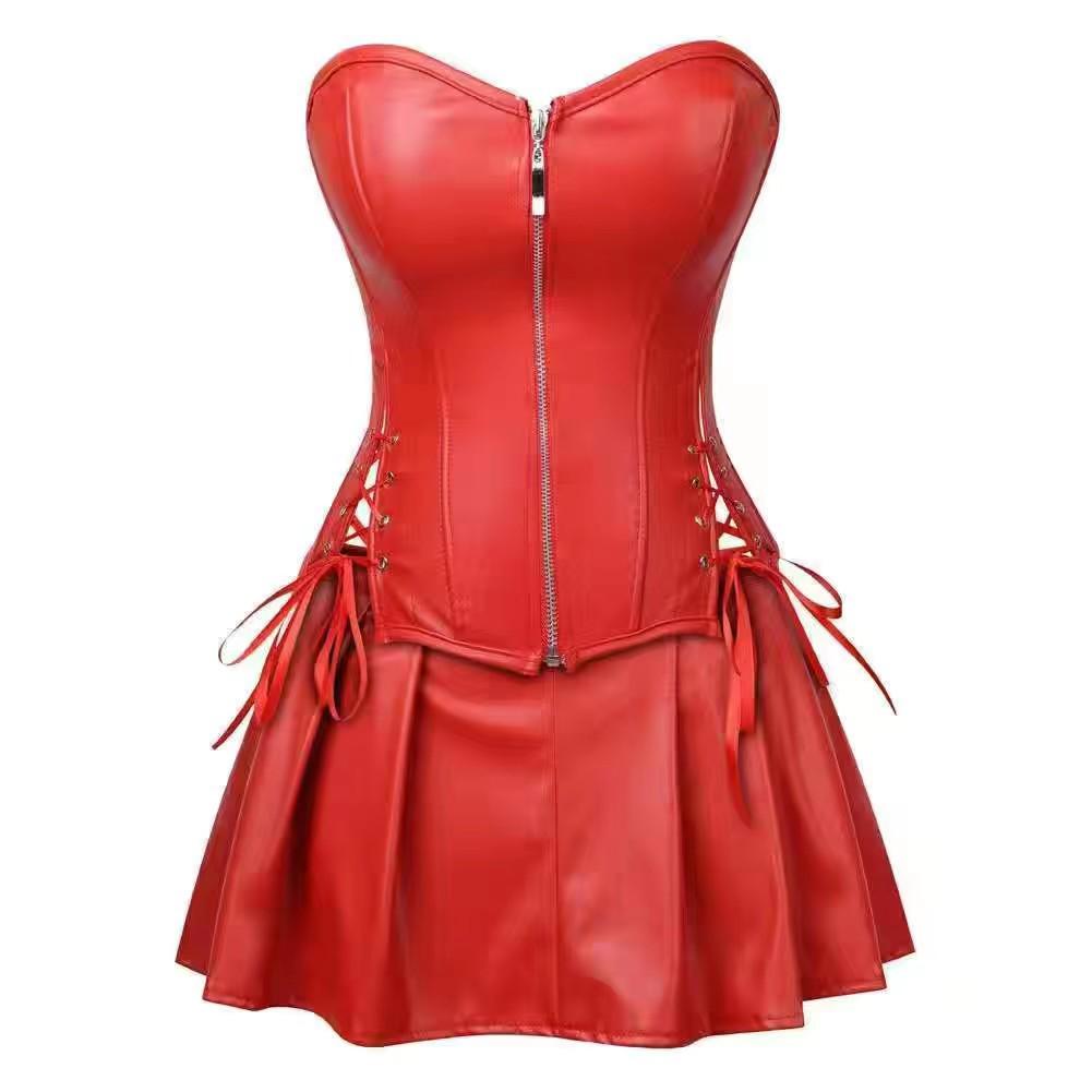 

Women s Body Shaping Strapless Leather Jacket & High Waist Skirt Set with Tummy Control and European-American Design S