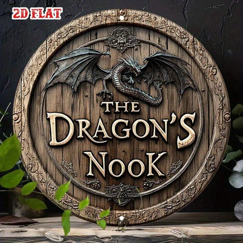 Round Fantasy Dragon Floral 2D Metal Tin Wall Sign for Home Decor