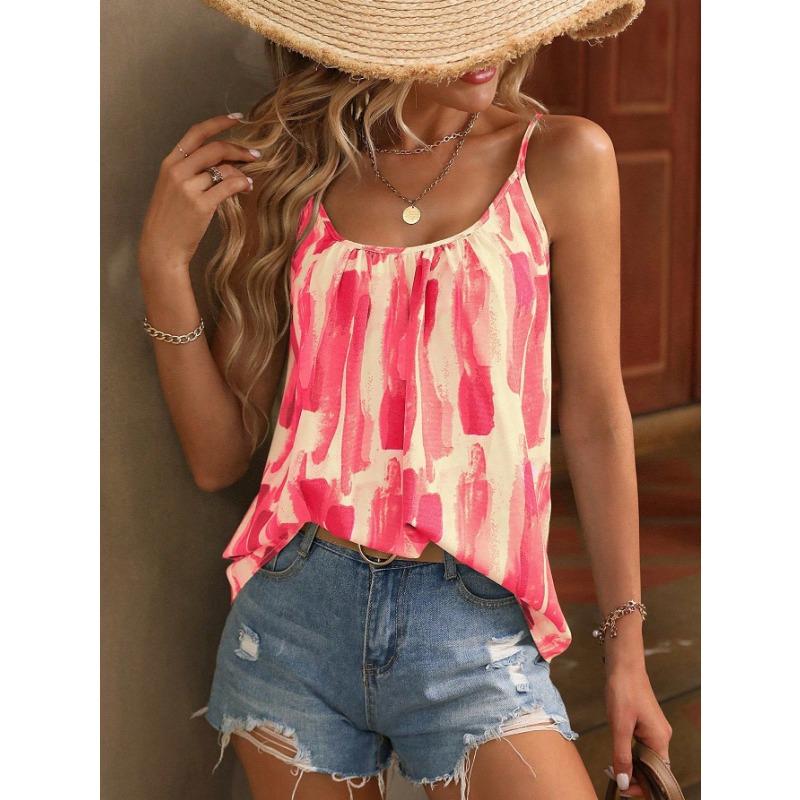 Women Summer New Pink White Brushstroke Print Spaghetti Strap Casual Camisole