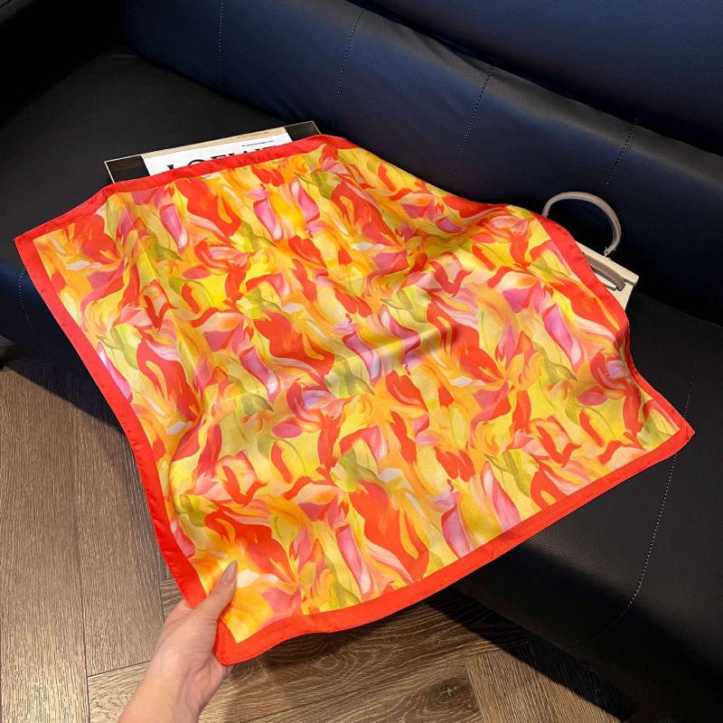 Fashion Black and White Printing Temperament Square Scarf Imitation Silk Korean Version Decorative Scarf Scarf Professional Decorative Shawl Silk Scar