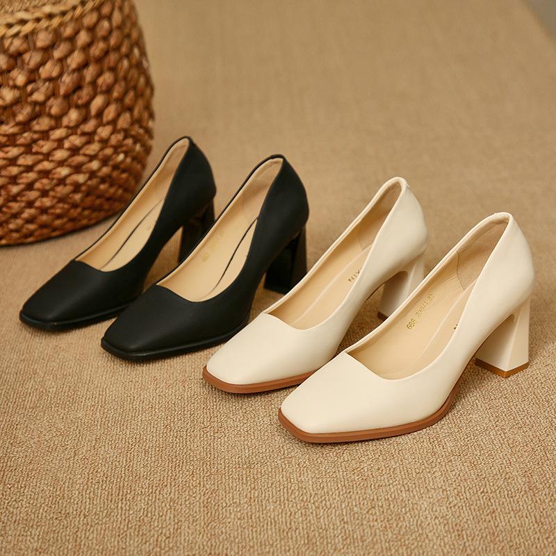 Vintage Mary Jane shoes women's early spring new versatile soft leather square head thick heel high heel single shoes black work shoes