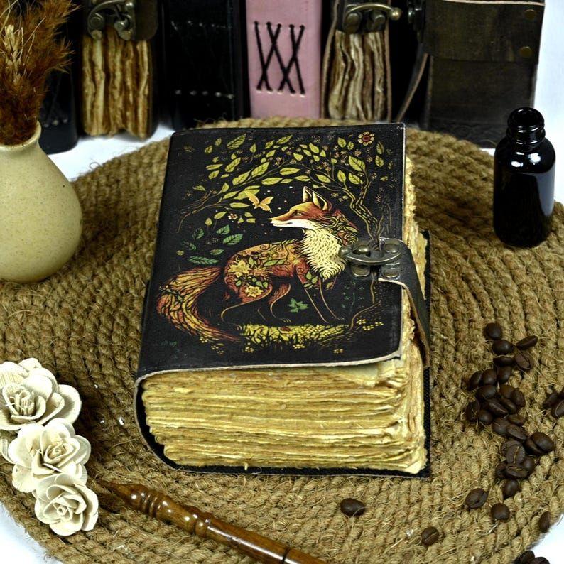 Handmade Fox Leather Journal –  Vintage Grimoire Book of Shadows, Rustic Fat Notebook, Witchcraft Gift for Men & Women