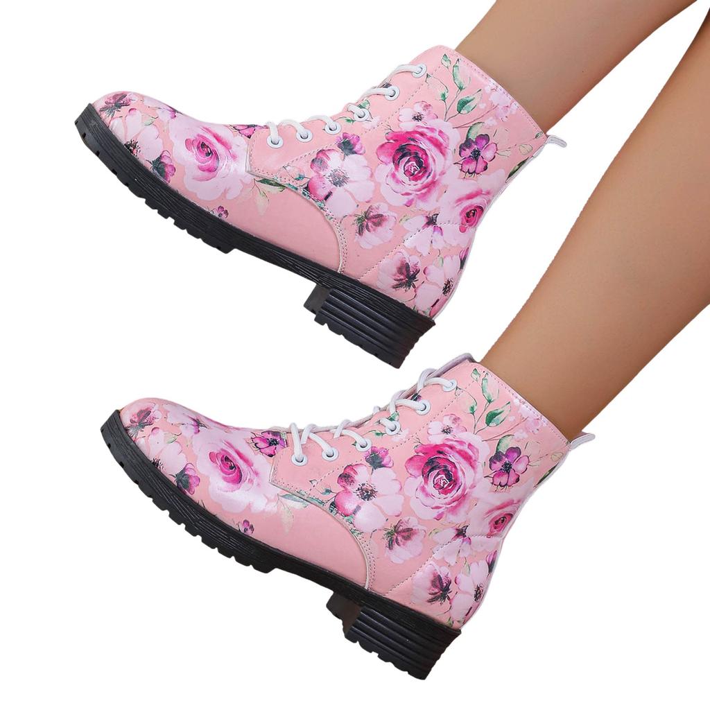 Women's Large Size Casual Ankle Boots Thick Low Heel Printed Women's Leather Boots Women Lace up Boots