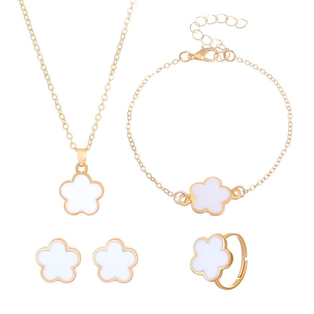 Women's Korean Five-Leaf Clover Jewelry Set: Simple Petal Necklace, Five-Leaf Flower Bracelet, Ring, Earrings (4-Piece Set)
